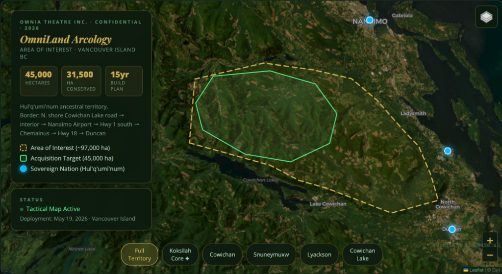 OmniLand Territory Map — 45,000 ha Acquisition Target, Cowichan Lake North Shore